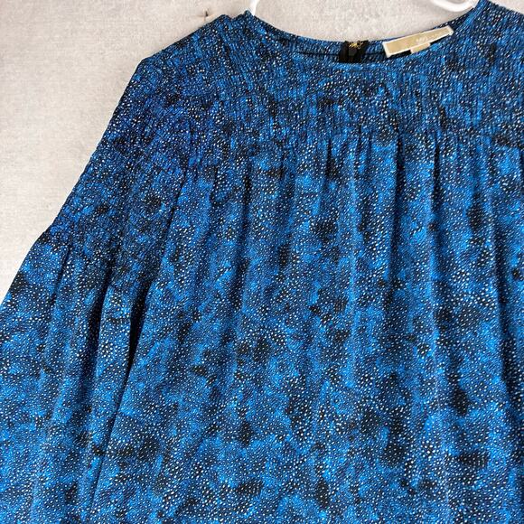Michael Kors Smocked Blouse Women's Medium Blue Abstract Dot Motif Wide Sleeve - Picture 3 of 11